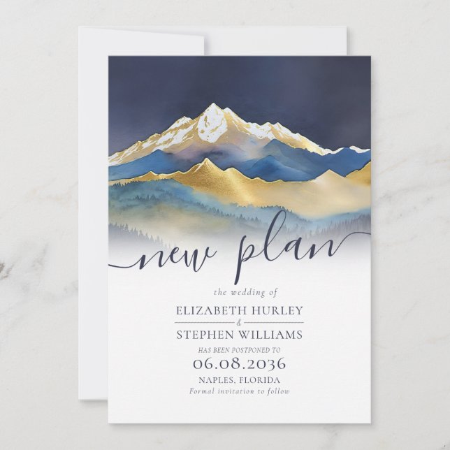 Watercolor Blue Golden Mountains Wedding Postponed Save The Date (Front)