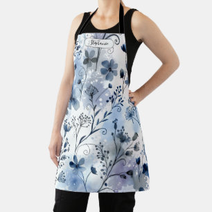 Watercolor Blue Gray Floral Pattern Personalized Apron
