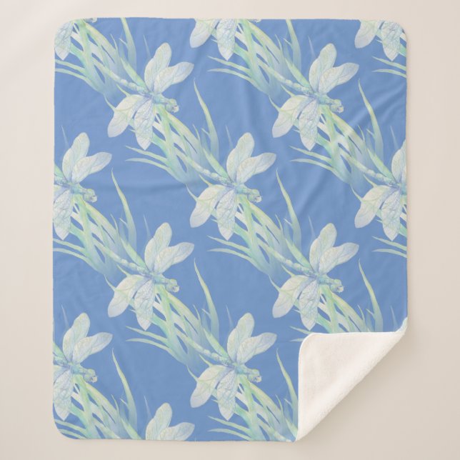 Watercolor Blue Green Dragonfly Water Insect Sherpa Blanket (Front)