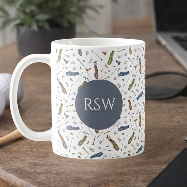Watercolor Blue Green Golf Pattern Monogram Mug (Creator Uploaded)