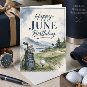Watercolor Blue Green Masculine Golf June Birthday Card