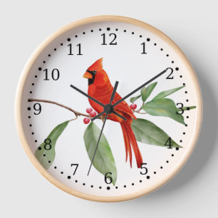 Watercolor Blue Green Red Cardinal Bird  Clock