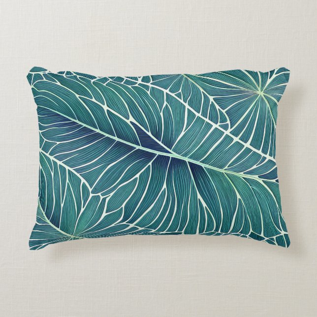 Watercolor Blue Green Teal Tropical Leaves Accent Pillow (Front)