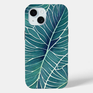 Watercolor Blue Green Teal Tropical Leaves iPhone 15 Case