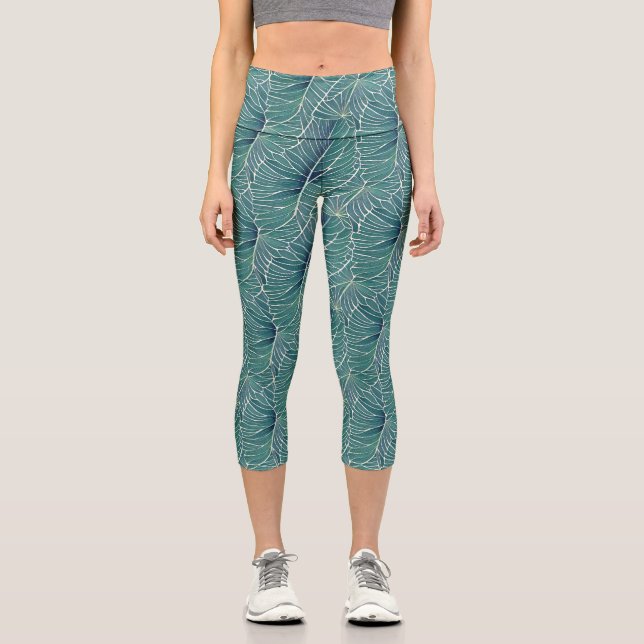 Watercolor Blue Green Teal Tropical Leaves Pattern Capri Leggings (Front)