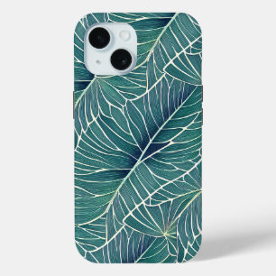 Watercolor Blue Green Teal Tropical Leaves Pattern iPhone 15 Case