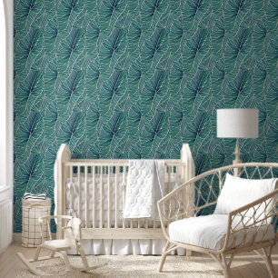 Watercolor Blue Green Teal Tropical Leaves Pattern Wallpaper