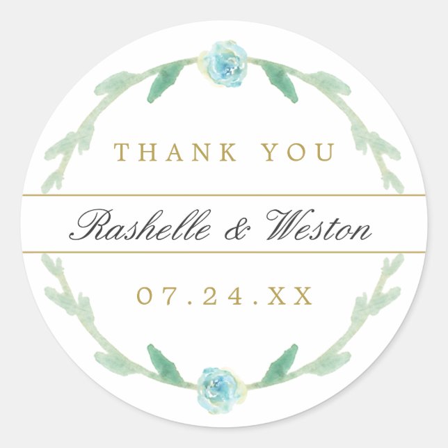 Watercolor Blue Green Wedding Thank You Stickers (Front)