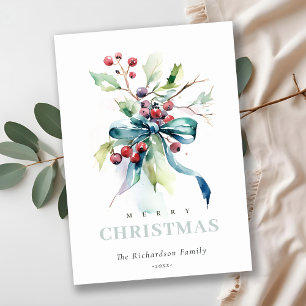 Watercolor Blue Green Winter Berries Christmas Holiday Card