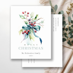Watercolor Blue Green Winter Berries Christmas Holiday Postcard