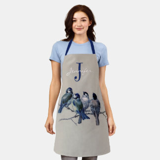 Watercolor Blue Grey Birds Monogram Custom Name Apron