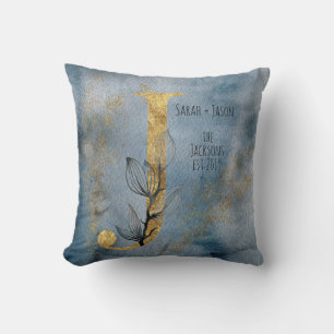 Watercolor Blue Grey Gold J Monogram Throw Pillow