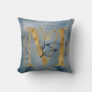 Watercolor Blue Grey Gold M Monogram Throw Pillow
