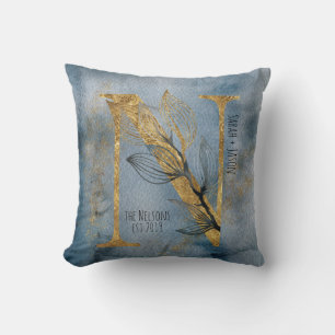 Watercolor Blue Grey Gold N Monogram Throw Pillow