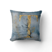 Watercolor Blue Grey Gold T Monogram Throw Pillow