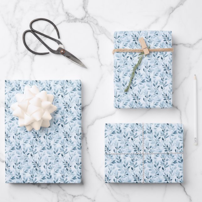Watercolor Blue/Grey Leaves Wrapping Paper Sheet (Front)