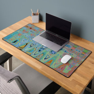 Watercolor Blue Groovy Abstract Retro Atomic Waves Desk Mat