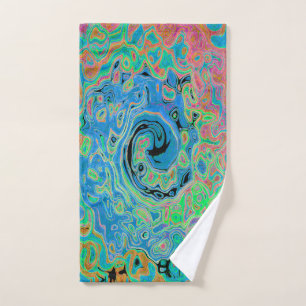 Watercolor Blue Groovy Abstract Retro Liquid Swirl Bath Towel Set