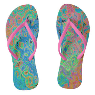 Watercolor Blue Groovy Abstract Retro Liquid Swirl Flip Flops