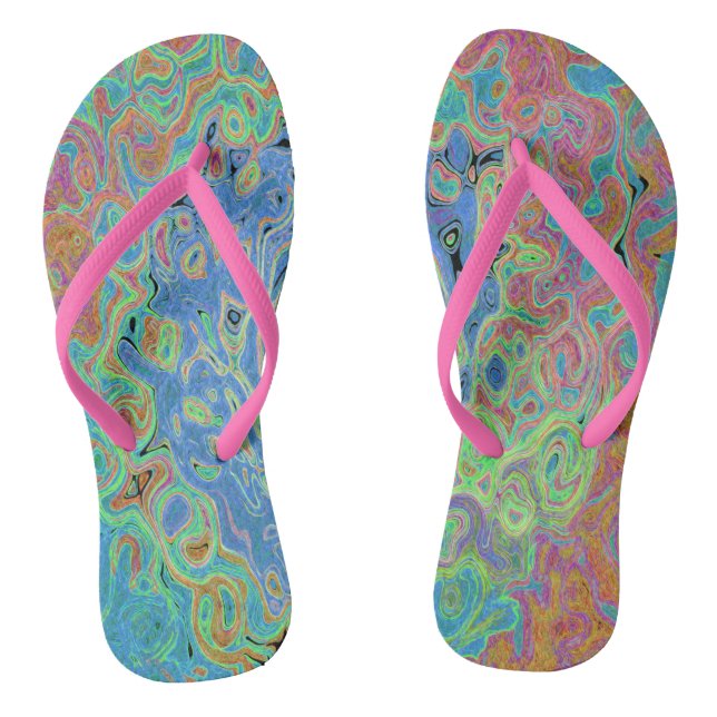 Watercolor Blue Groovy Abstract Retro Liquid Swirl Flip Flops (Footbed)