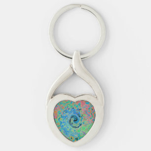 Watercolor Blue Groovy Abstract Retro Liquid Swirl Keychain