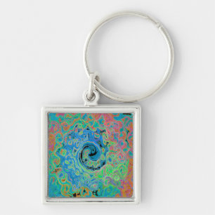 Watercolor Blue Groovy Abstract Retro Liquid Swirl Keychain