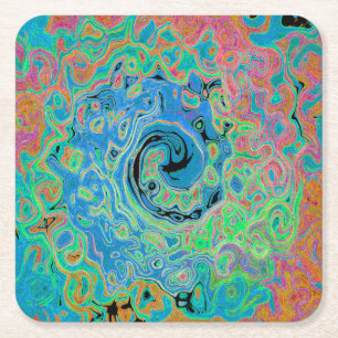 Watercolor Blue Groovy Abstract Retro Liquid Swirl Square Paper Coaster