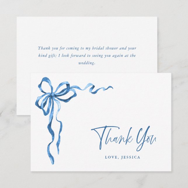Watercolor Blue Hand Drawn Bow Thank You Card (Front/Back)