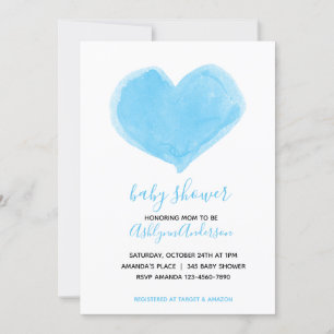 Watercolor Blue Heart Baby Shower Invitation