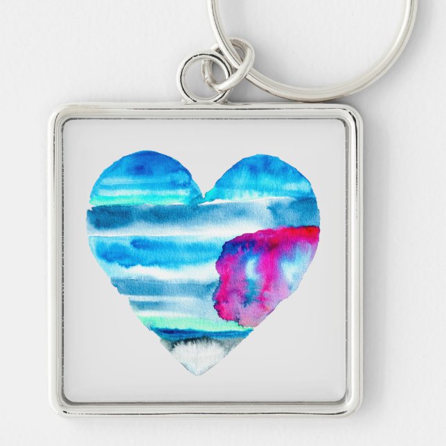 Watercolor blue heart cute heart keychain (Front)