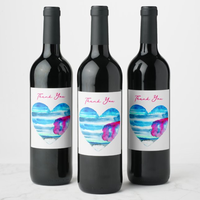 Watercolor blue heart cute heart wine label (Bottles)