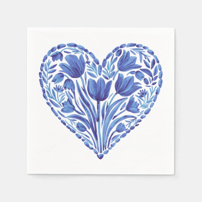 Watercolor Blue Heart Tulips On White Napkin (Front)