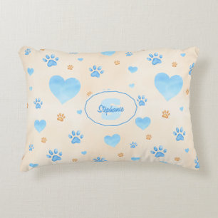 Watercolor Blue Hearts & Paw Prints Pattern Accent Pillow