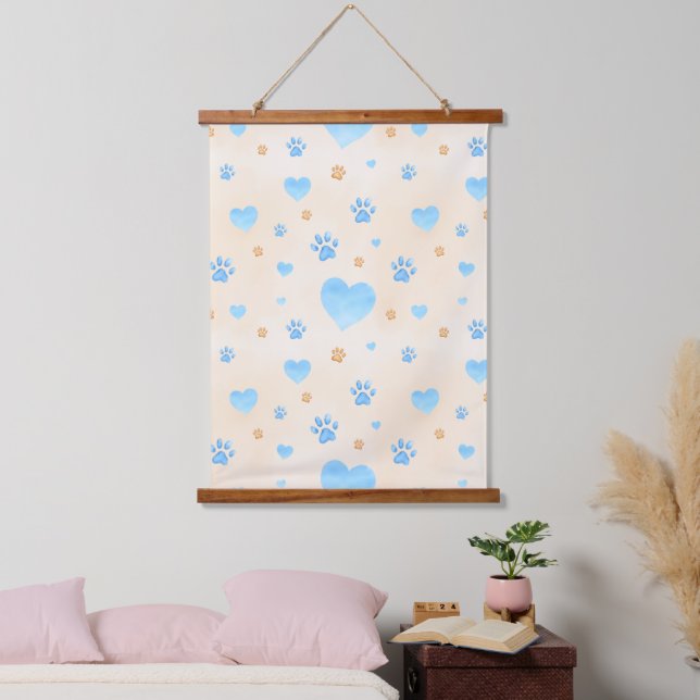 Watercolor Blue Hearts & Paw Prints Pattern Hanging Tapestry (Bedroom)