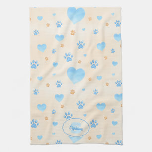 Watercolor Blue Hearts & Paw Prints Pattern Kitchen Towel