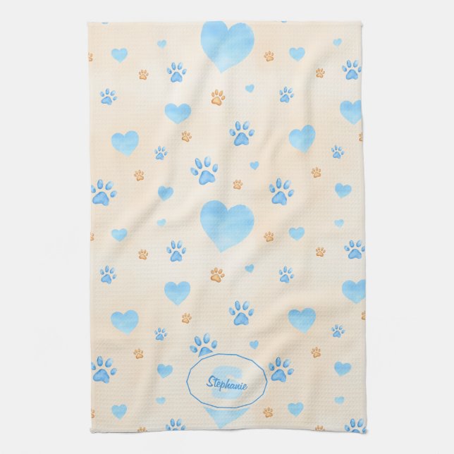 Watercolor Blue Hearts & Paw Prints Pattern Kitchen Towel (Vertical)