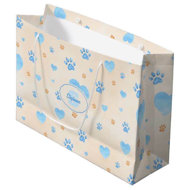 Watercolor Blue Hearts & Paw Prints Pattern Large Gift Bag (Front Angled)