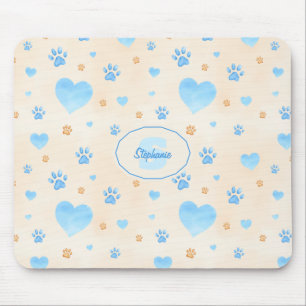 Watercolor Blue Hearts & Paw Prints Pattern Mouse Pad