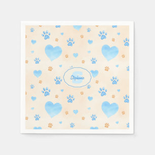 Watercolor Blue Hearts & Paw Prints Pattern Napkin