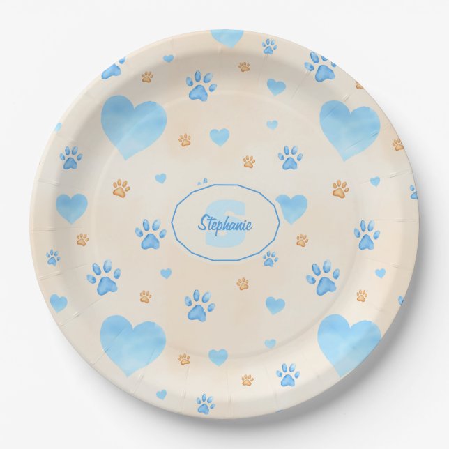 Watercolor Blue Hearts & Paw Prints Pattern Paper Plate (Front)
