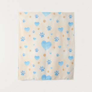 Watercolor Blue Hearts & Paw Prints Pattern Tapestry