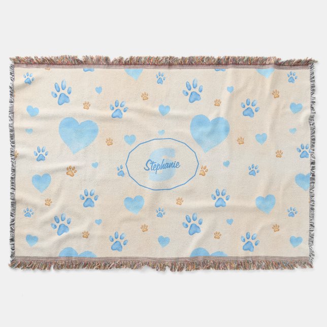 Watercolor Blue Hearts & Paw Prints Pattern Throw Blanket (Front)