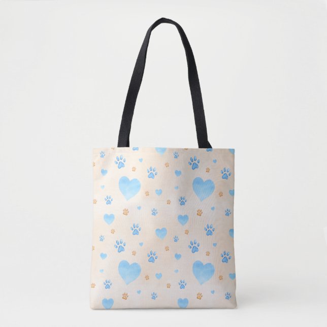 Watercolor Blue Hearts & Paw Prints Pattern Tote Bag (Front)