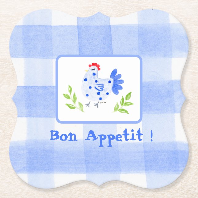 Watercolor Blue Hen Check Bon Appetit Placemat Paper Coaster (Front)