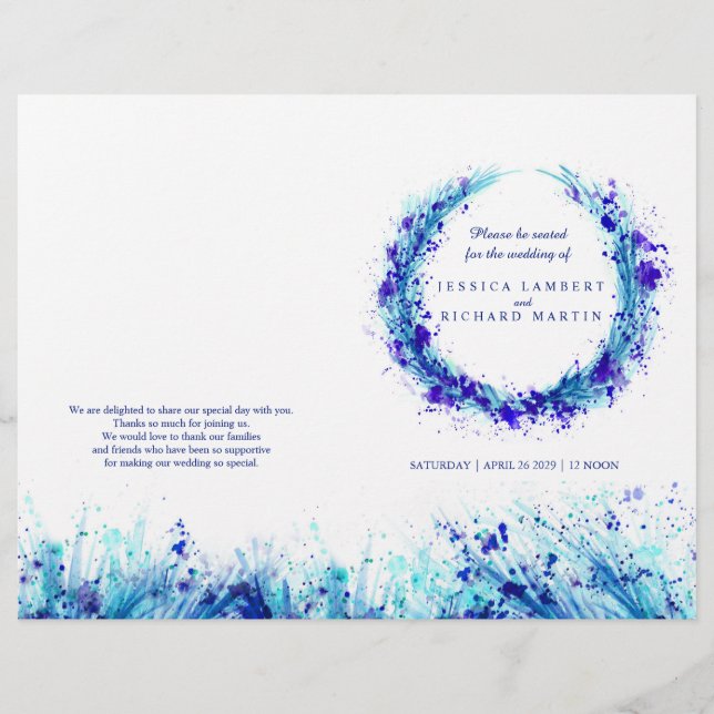 Watercolor blue herbe art programme de mariage (Devant)