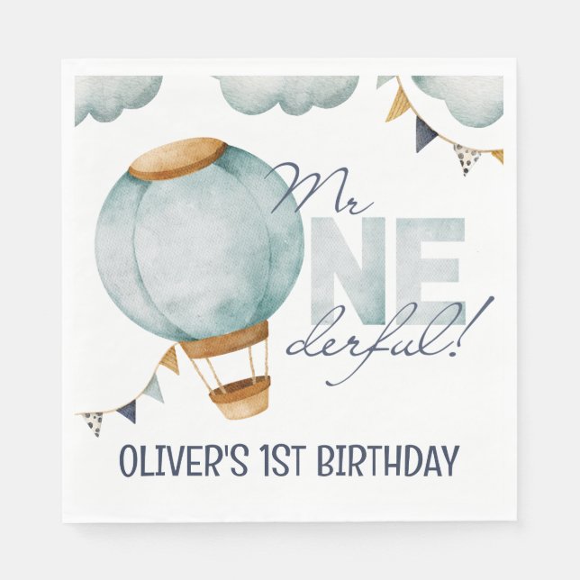 Watercolor Blue Hot Air Balloon Mr ONEderful Boy Napkin (Front)