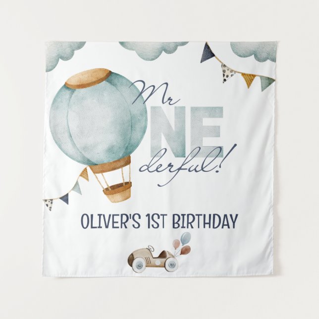 Watercolor Blue Hot Air Balloon Mr ONEderful Boy Tapestry (Front)