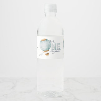 Watercolor Blue Hot Air Balloon Mr ONEderful Boy Water Bottle Label