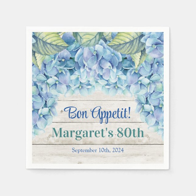 Watercolor Blue Hydrangea 80th Birthday Napkin (Front)