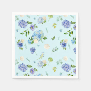 Watercolor Blue Hydrangea and Rose Floral Pattern Napkin